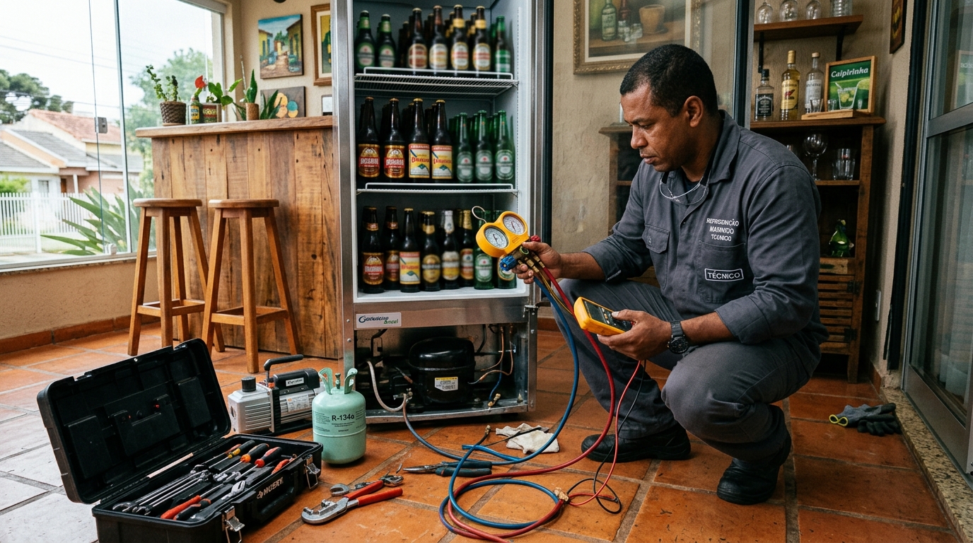 Técnico revisando o motor de uma cervejeira durante chamado em Porto Alegre‑RS
