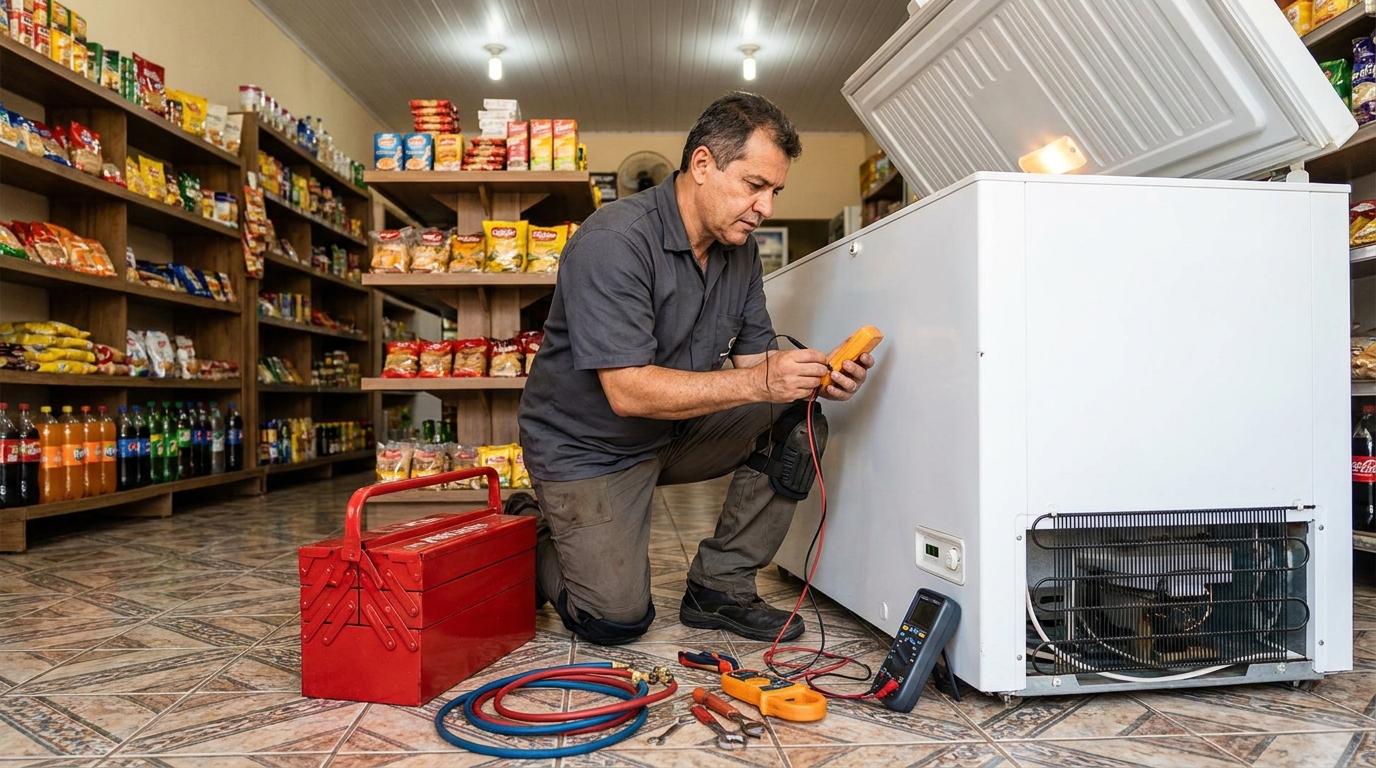 Manômetro conectado ao circuito durante recarga de gás de freezer em Porto Alegre‑RS