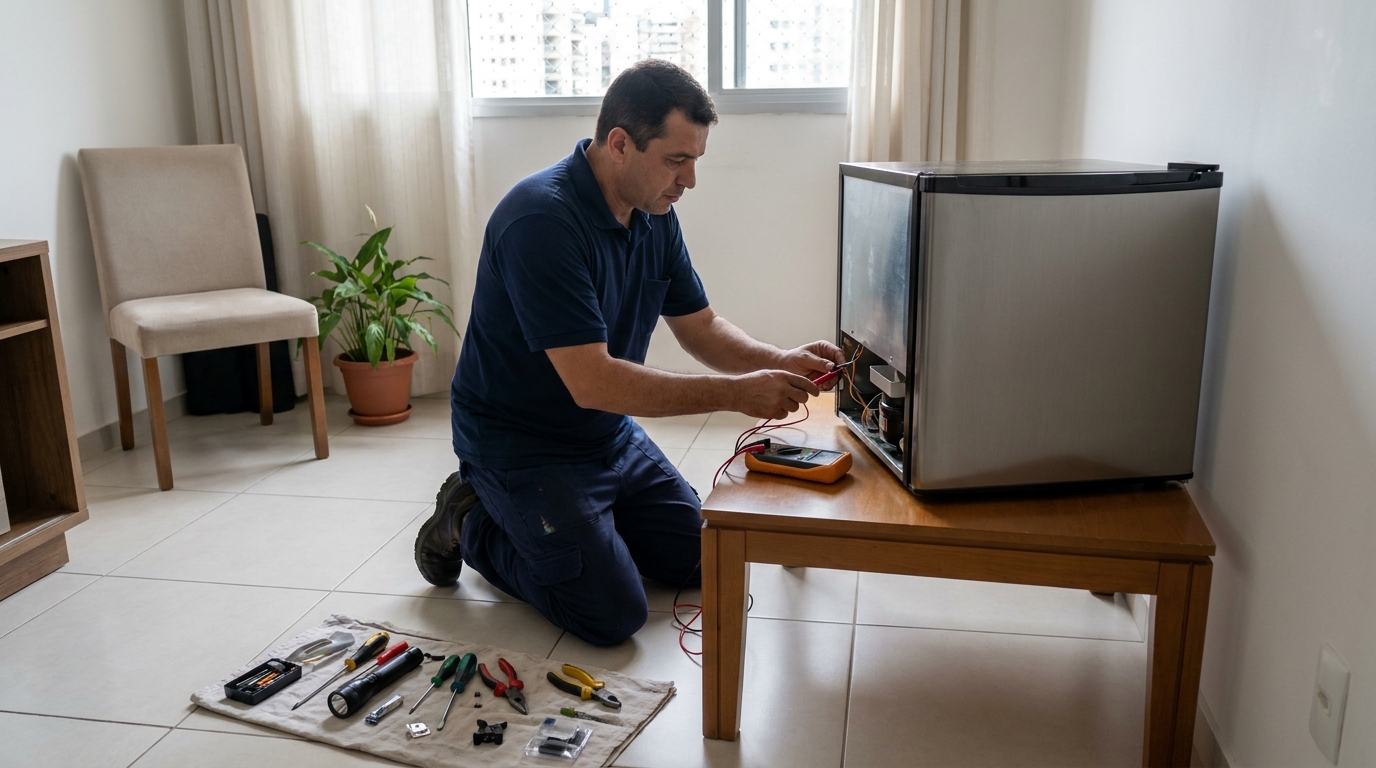 Técnico avaliando um frigobar compacto durante atendimento em Porto Alegre‑RS